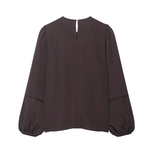 Chemisier marron en coton brodé avec manches lanternes et bouton dans le dos