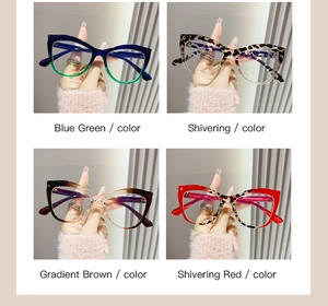 Collage of cat-eye eyewear frames in blue-green, leopard print, brown, and red-black hues
