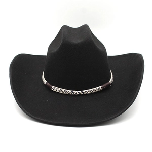Detail of wide brim black felt cowboy hat with woven herringbone band and side curve