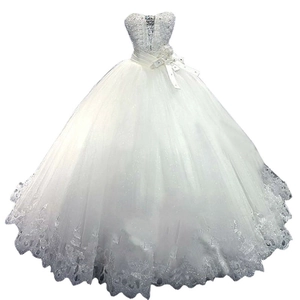 Elegante witte strapless trouwjurk met pailletten lijfje en kanten afwerking