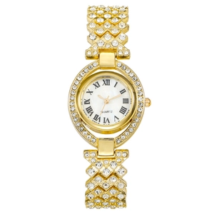 Orologio al quarzo dorato da donna con strass di cristallo e quadrante ovale di lusso
