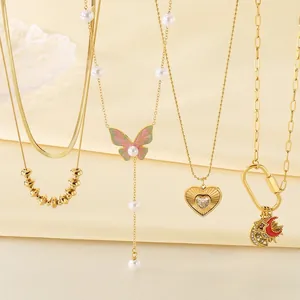 Layered Necklace Butterfly Heart Zircon Star Moon Pendant Stainless Steel Gold Plated Artificial Pearl Jewelry For Women