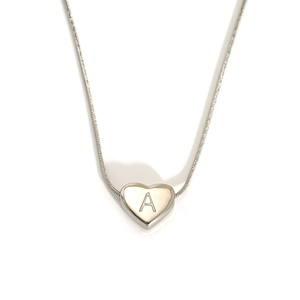 Polished heart pendant necklace with engraved letter A and stainless steel snake chain
