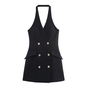Halter Neck Mini Blazer Dress Elegant Double Breasted Sleeveless V-Neck Woven Polyester Solid Color Women Evening Party Outfit