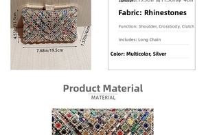 Detailed size specifications for the colorful rhinestone evening clutch with chain strap