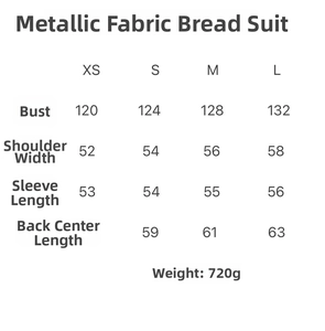 Detailed size chart for metallic puffer jacket with chest, shoulder, and length measurements