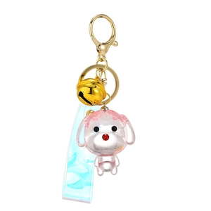 Pink crystal transparent puppy keychain with golden clasp and laser colorful strap