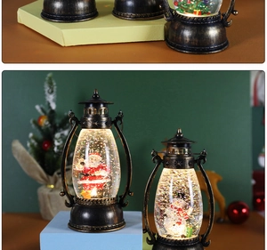 Close-up of glowing retro Christmas lantern with Santa figurine and swirling glitter