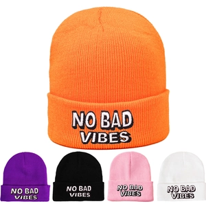 No Bad Vibes Letter Embroidered Acrylic Beanie For Men Women Fashion Warm Winter Knit Cuff Hat Streetwear Cap