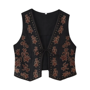 Gilet Bohème En Daim Pour Femme Broderie Florale Ethnique Rivet Métallique Col En V Sans Manches Gilet Style Vintage