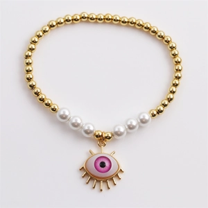Evil Eye Beaded Bracelet Copper Beads Imitation Artificial Pearl Charm Boho Jewelry For Women Elastic Adjustable