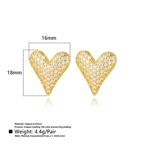 Detail showing 18x16mm gold heart stud earrings with cubic zirconia and dimensions