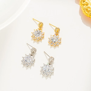 Gold and silver luxury flower halo stud earrings with round cubic zirconia stones
