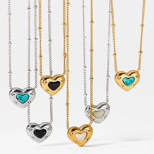 Retro stainless steel heart necklaces with turquoise and onyx stones in gold and silver