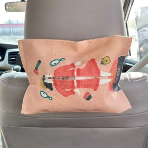 Hanging car tissue box holder on seat back featuring a pink cartoon girl illustration