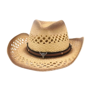 Chapeau De Paille De Cowboy Western À Bord Large Creux Respirant Pare-soleil Plage Voyage Avec Ornement De Crâne De Taureau Métal