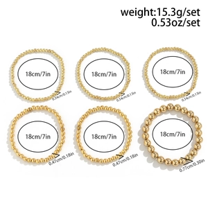 Detail showing 6-piece gold beaded bracelet set with various bead sizes and dimensions