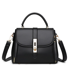 Classic black matte leather handbag with golden hardware and top handle for women