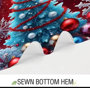 Detailed macro view of the reinforced bottom hem on Christmas themed fabric shower curtain