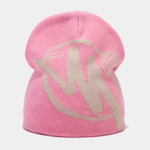 Close-up of pink knitted beanie featuring textured vertical ribs and a beige jacquard W pattern