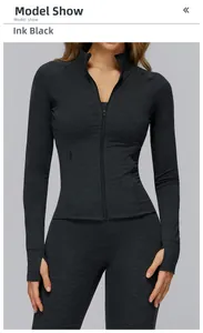 Detail of slim fit sports jacket in ink black with thumbhole cuffs and zip-up collar