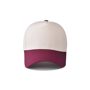 Front view of a two-tone cotton baseball cap in cream white with a burgundy brim and button