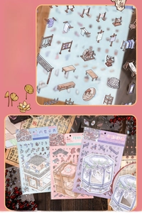 Detail of waterproof PET stickers with 3D Chinese style illustration for scrapbooking
