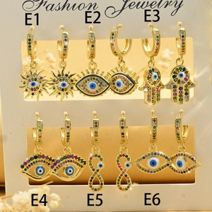 Golden Evil Eye and Hamsa Hand earrings set with vibrant colorful zircon stones