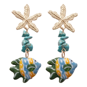 Handmade starfish and fish drop earrings with turquoise beads for seaside vacation style