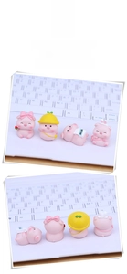 Detailed front and back views of four mini resin pig figurines on a desk