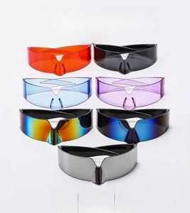 Close-up of Y2K shield sunglasses in multiple vibrant colors with futuristic wrap design