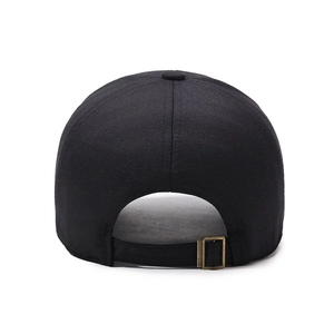 Rear view of black cotton baseball cap with adjustable metal buckle on white background