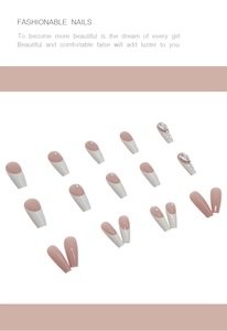 Long ballet press on nails with French nude pink base, white pearls and sparkling rhinestones