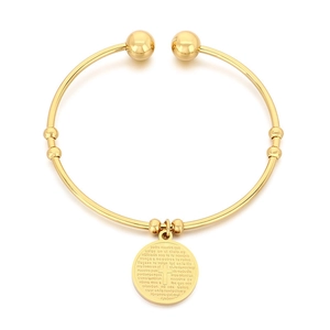 Minimalist 18K gold plated stainless steel open bangle with cross charm and prayer disc