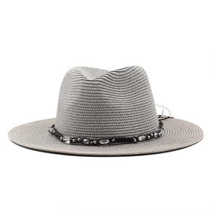 Light gray woven straw jazz hat with beaded trim for summer beach outdoor sun protection