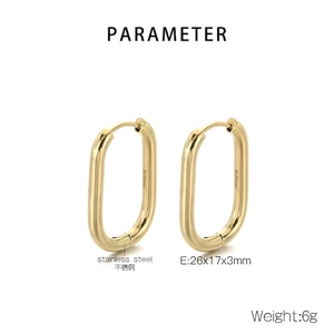 Detailed size chart of gold oval stainless steel hoop earrings weighing 6g and 26x17x3mm