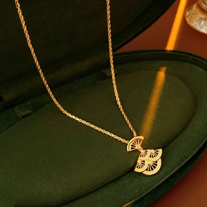 Détail d'un collier pendentif doré en forme d'éventail dans un écrin en velours vert