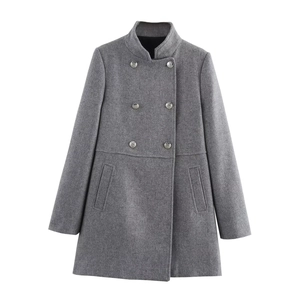 Women's minimalist grey double-breasted wool blend coat with a stand collar and flap pockets