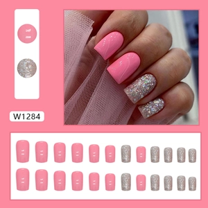 Coffret de 24 faux ongles rose brillant et argent pailleté pour femmes