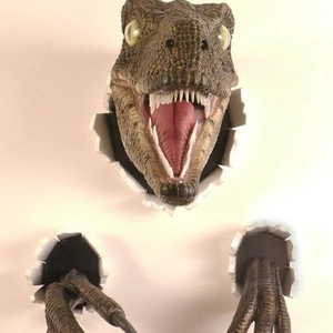 Realistic velociraptor head and claws wall decoration with 3D cracked wall effect