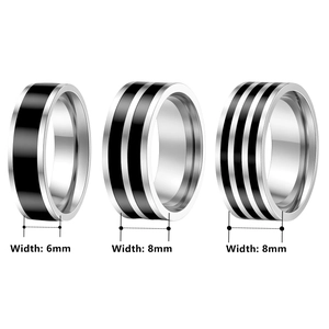 Minimalist titanium steel rings with black enamel stripes in 6mm and 8mm widths