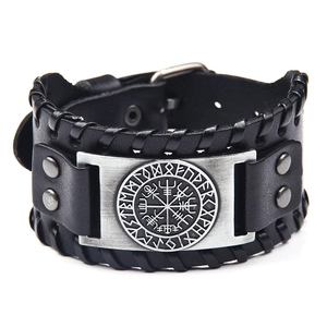 Men's vintage black leather wide bracelet with viking vegvisir compass metal plate