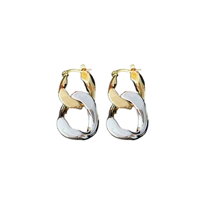 Two-tone gold and silver chain link hoop earrings with geometric interlocking oval design