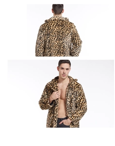 Front and back view of men's leopard print faux fur coat with a lapel collar and long length
