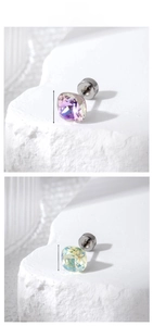 Detailed view of 6mm square crystal stud earrings with shiny coating and screw back