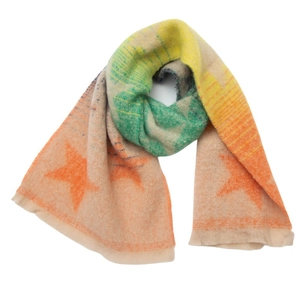 Detail of multi-color gradient knit scarf featuring star patterns and boucle texture