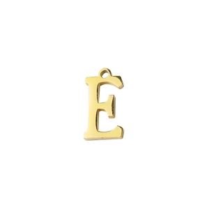 Polished gold stainless steel alphabet E pendant with hanging loop for DIY jewelry