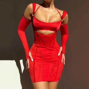 Robe Mini Sexy Dos Nu Patchwork Mesh Découpe Taille Corset Manches Détachables Tenue De Soirée Clubwear Streetwear