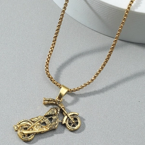 Golden motorcycle pendant necklace with box chain in a punk retro style for men