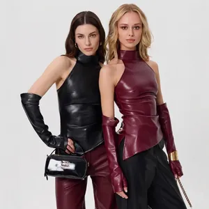 Haut De Gilet Dos Nu En Similicuir PU Pour Femmes Et Gants Longs Épaules Dénudées Coupe Cintrée Streetwear